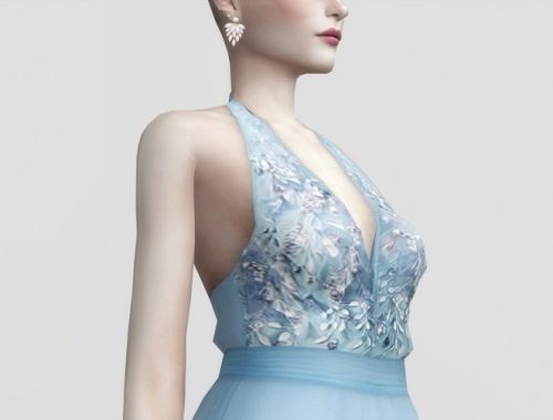 Embellished tulle blue halter neck gown at Rusty Nail