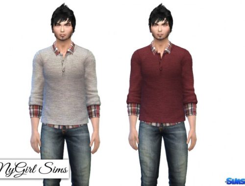 Textured Sweater with Plaid Undershirt