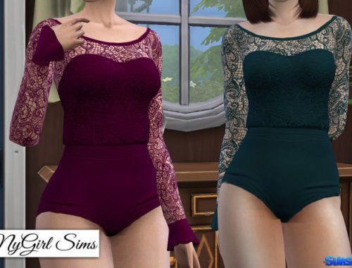 Gathered Waist Lace Bodysuit with Ruffle Sleeves
