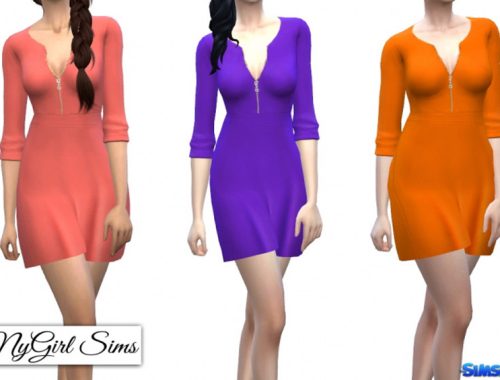 Zippered V Neck Dress in Solids