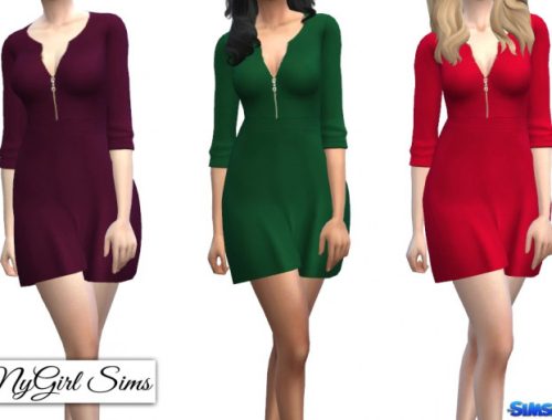 Zippered V Neck Dress in Solids