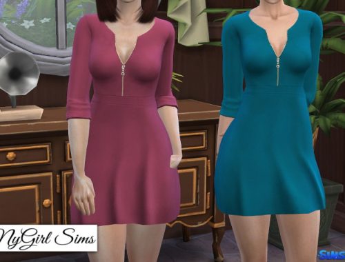 Zippered V Neck Dress in Solids
