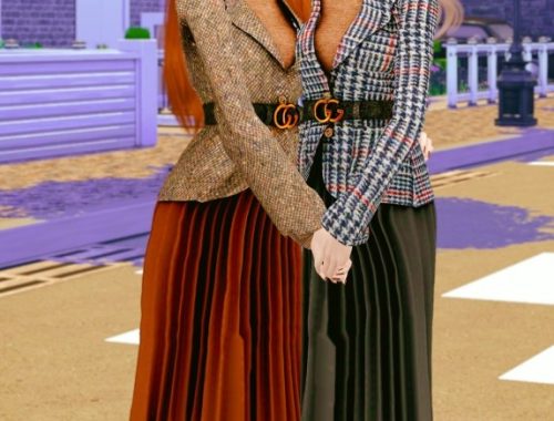 Belt jacket & pleated skirt