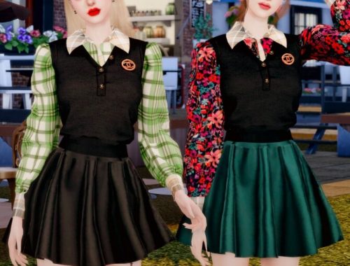 Brooch & Blouse & Knit Vest & Flared Skirt at RIMINGs