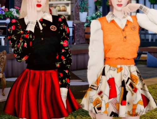 Brooch & Blouse & Knit Vest & Flared Skirt at RIMINGs