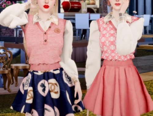 Brooch & Blouse & Knit Vest & Flared Skirt at RIMINGs