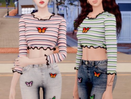 Butterfly Ribbed Crop Top & Wide Jeans at RIMINGs
