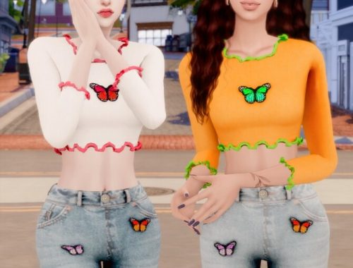 Butterfly Ribbed Crop Top & Wide Jeans at RIMINGs
