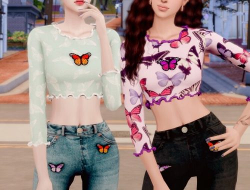 Butterfly Ribbed Crop Top & Wide Jeans at RIMINGs