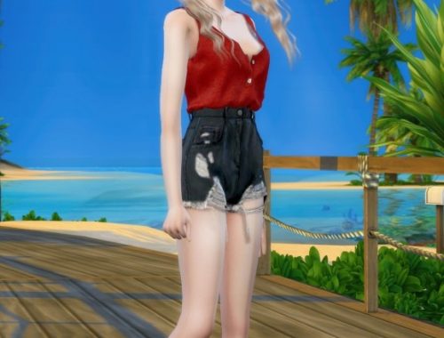 Button Henry Sleeveless top & Cutting Denim Shorts at NEWEN
