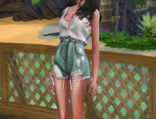 Button Henry Sleeveless top & Cutting Denim Shorts at NEWEN