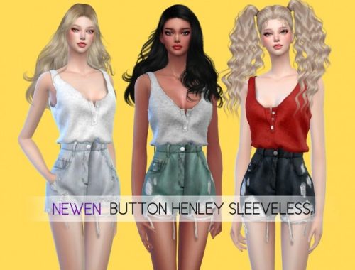 Button Henry Sleeveless top & Cutting Denim Shorts at NEWEN