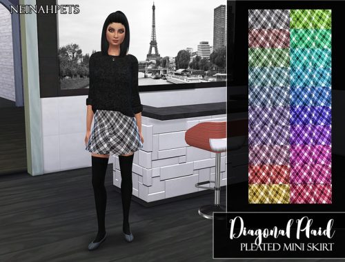 Diagonal Plaid Pleated Mini Skirt