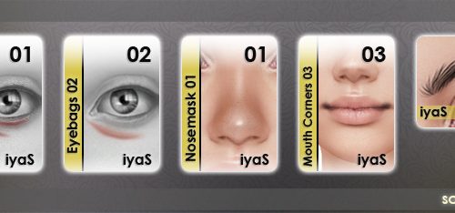 Eyebags 01 & 02, nosemask 01, eyebrows 04, mouth corner 03 at Soloriya