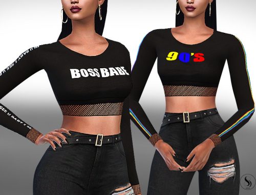 Fishnet Cropped Long Sleeve Tops