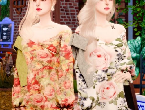 Flower off shoulder ribbon dress at RIMINGs