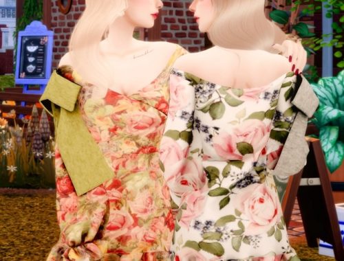 Flower off shoulder ribbon dress at RIMINGs