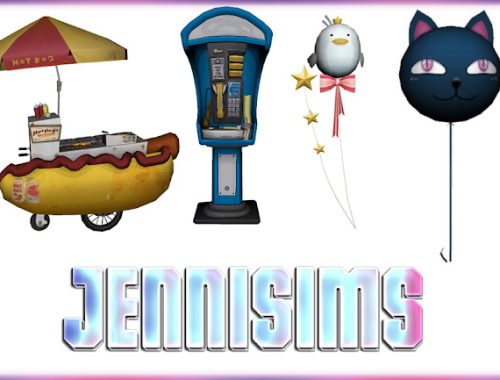Hot dog stand, phone booth, balloons clutter at Jenni Sims