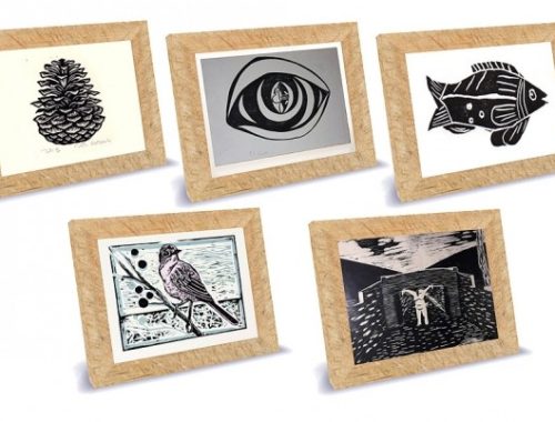 Linocut woodblock tabletop frame at Riekus13