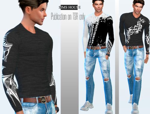 Men's T-shirt with long sleeves and tattoo print