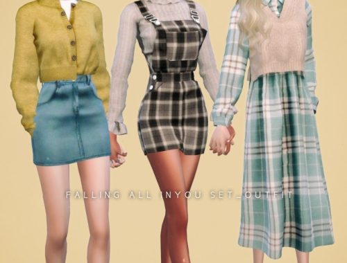 Plaid Overall Skirt, Cardigan, Denim Skirt & Shirt Dress Set at NEWEN