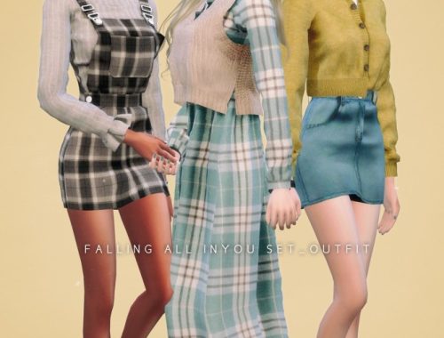Plaid Overall Skirt, Cardigan, Denim Skirt & Shirt Dress Set at NEWEN