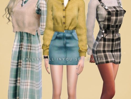 Plaid Overall Skirt, Cardigan, Denim Skirt & Shirt Dress Set at NEWEN