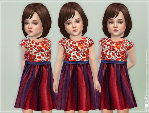 Red & Navy Daisies Embroidered Dress