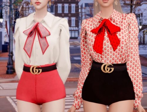 Ribbon Blouse + Belt & Short Pants at RIMINGs