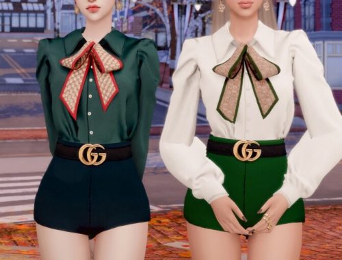 Ribbon Blouse + Belt & Short Pants at RIMINGs