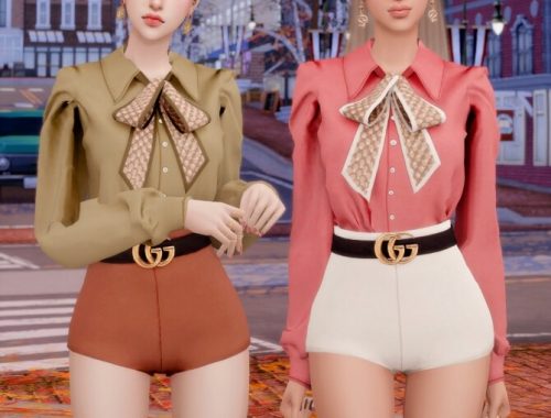 Ribbon Blouse + Belt & Short Pants at RIMINGs