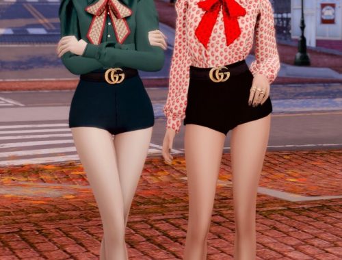 Ribbon Blouse + Belt & Short Pants at RIMINGs
