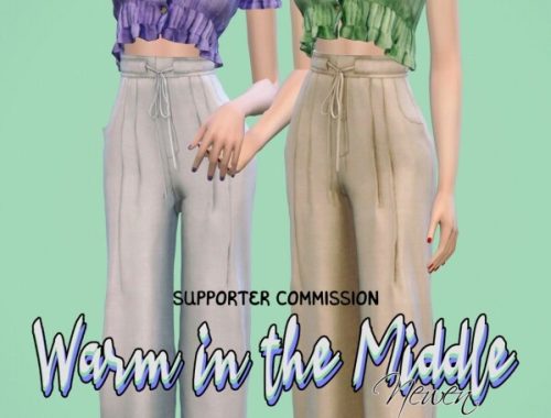 Ribbon Dress & Cardigan + String wide pants + Frill Button Crop Top at NEWEN
