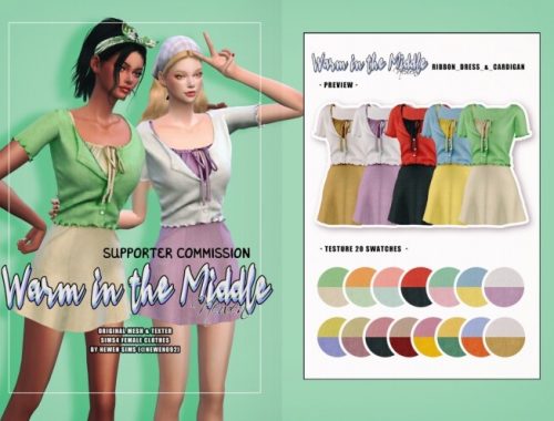 Ribbon Dress & Cardigan + String wide pants + Frill Button Crop Top at NEWEN