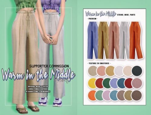 Ribbon Dress & Cardigan + String wide pants + Frill Button Crop Top at NEWEN