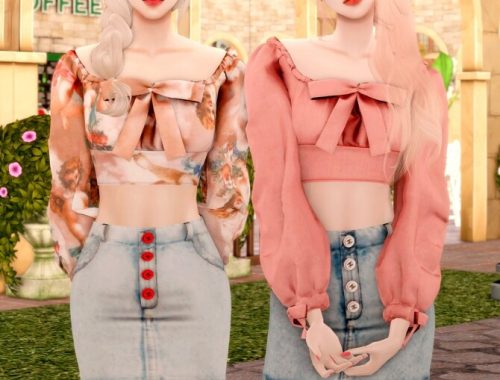 Ribbon Square Neck Blouse & Button Denim Skirt at RIMINGs