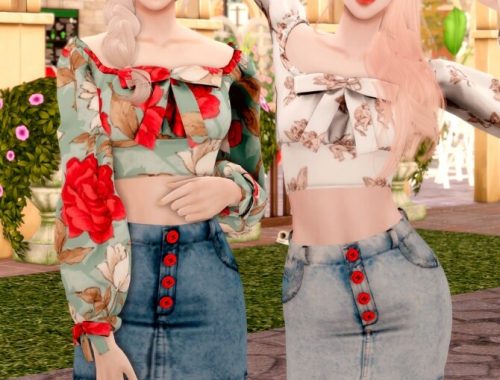 Ribbon Square Neck Blouse & Button Denim Skirt at RIMINGs