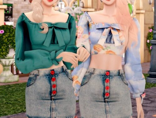 Ribbon Square Neck Blouse & Button Denim Skirt at RIMINGs