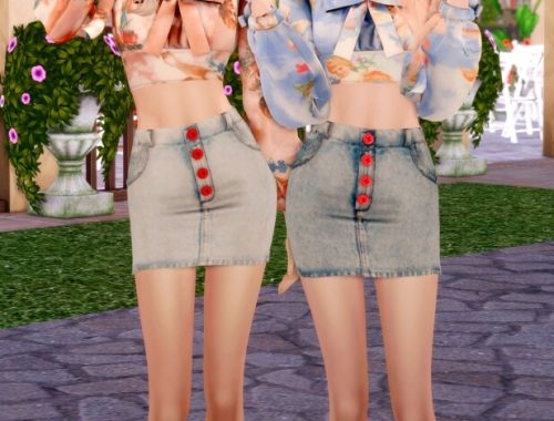 Ribbon Square Neck Blouse & Button Denim Skirt at RIMINGs