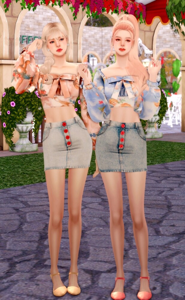 Ribbon Square Neck Blouse & Button Denim Skirt at RIMINGs - The Sims 4 ...