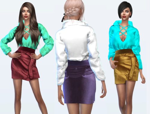 Satin blouse and leather skirt