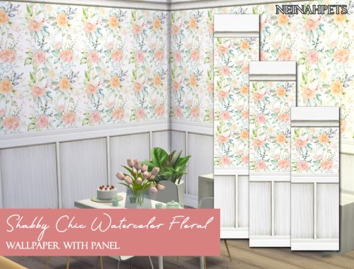Shabby Chic Watercolor Floral Wallpaper with Paneling