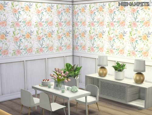 Shabby Chic Watercolor Floral Wallpaper with Paneling