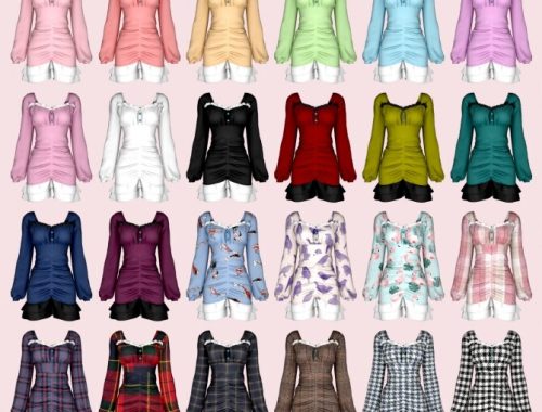 Shirring Puff Sleeve Mini Dress at RIMINGs