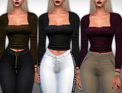 Square Neck Long Sleeve Tops