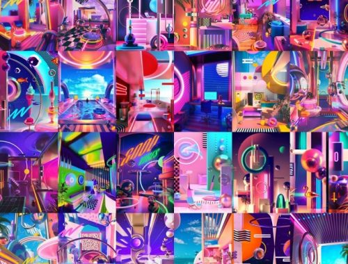 Synctwave / vaporwave paintings at Midnightskysims