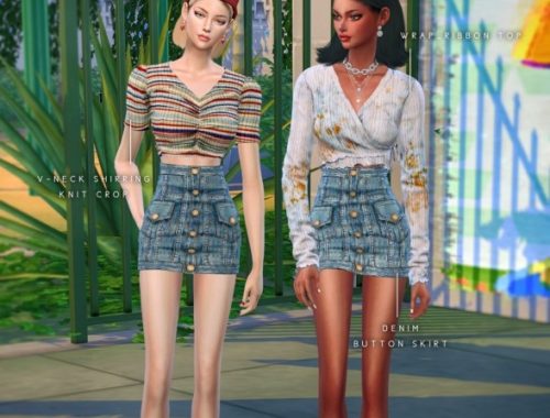 V-neck Knit Crop + Ribbon Top + Denim Button Skirt at NEWEN