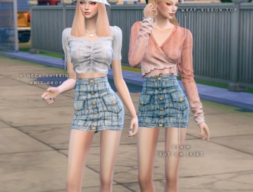 V-neck Knit Crop + Ribbon Top + Denim Button Skirt at NEWEN