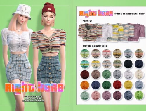 V-neck Knit Crop + Ribbon Top + Denim Button Skirt at NEWEN