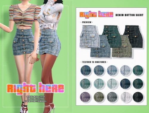V-neck Knit Crop + Ribbon Top + Denim Button Skirt at NEWEN